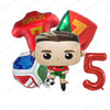 A set of five football-themed birthday balloons, including a red balloon with the name RONALDO and a figure of a soccer playe