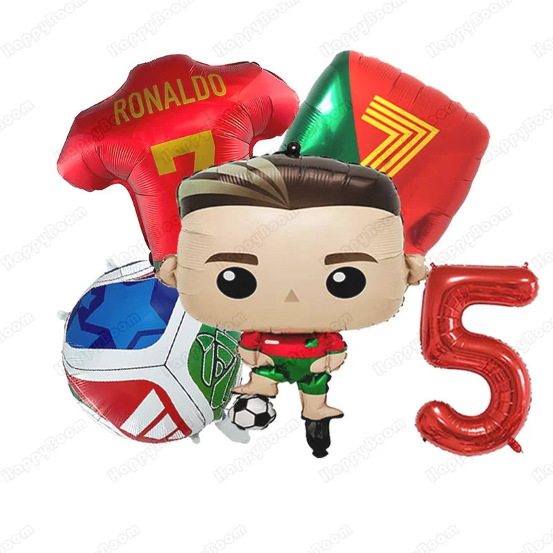 A set of five football-themed birthday balloons, including a red balloon with the name RONALDO and a figure of a soccer playe