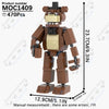 A brown and beige collectible DIY model of a bear character built from building blocks.