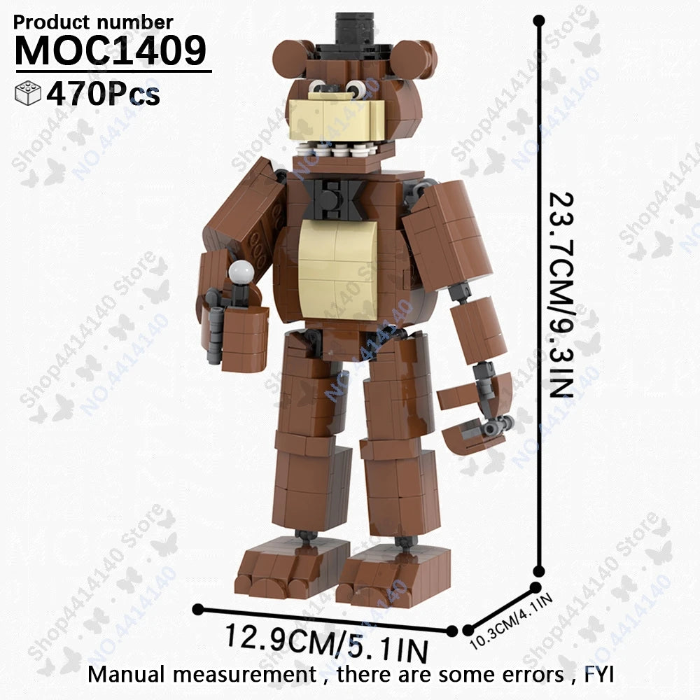 A brown and beige collectible DIY model of a bear character built from building blocks.