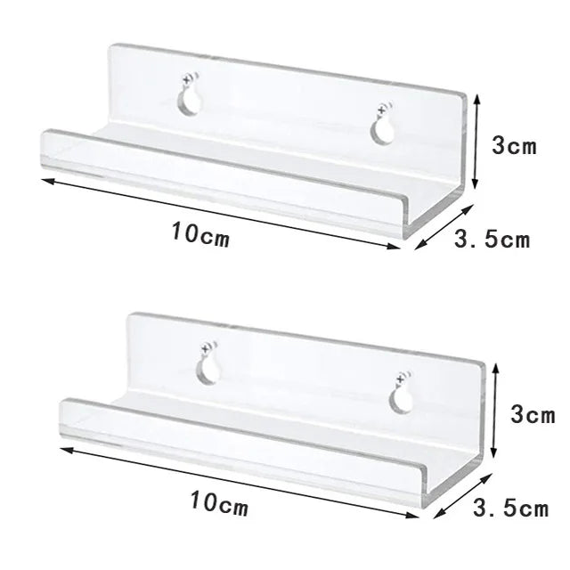 A clear acrylic vinyl record display shelf with mounting hooks and dimensions of 10cm by 3.5cm.