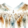 Watercolor painting depicting Jesus standing among a crowd of people in a mountainous landscape.