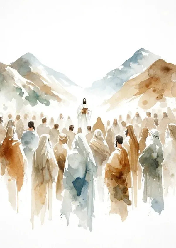 Watercolor painting depicting Jesus standing among a crowd of people in a mountainous landscape.
