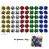 A display of 60 holographic star gift bows in five colors: gold, silver, red, green, and blue.