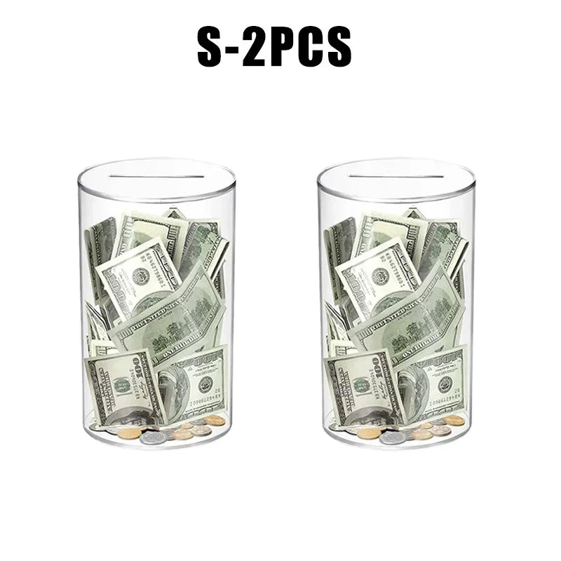 Two clear acrylic jars filled with US dollar bills and coins, labeled S-2PCS.