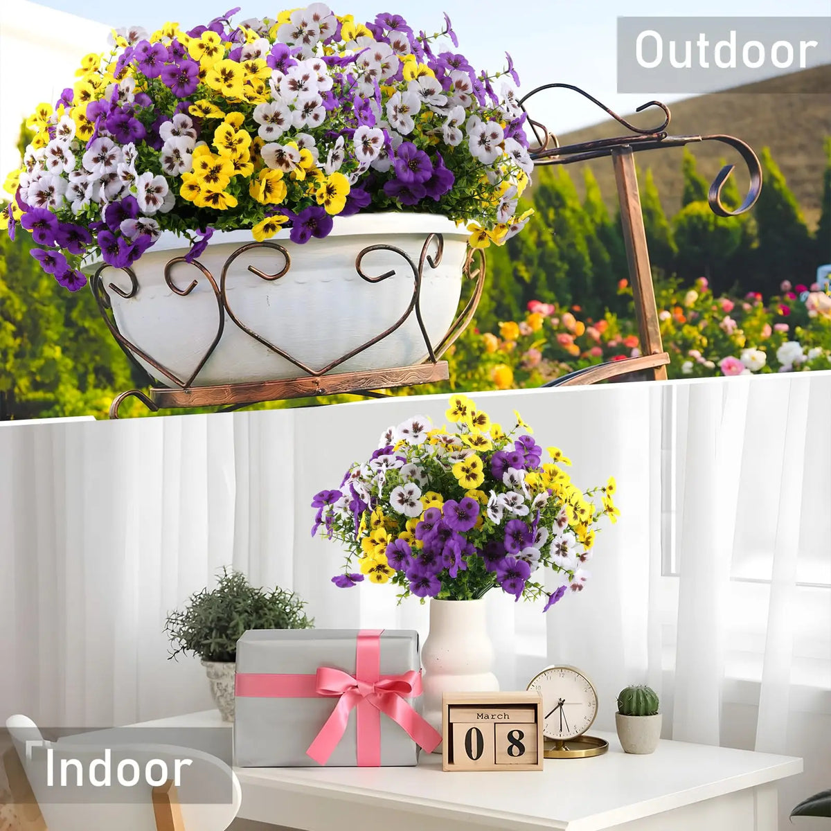 Outdoor display of an artificial pansy flower bouquet in a decorative white planter on a metal stand.
