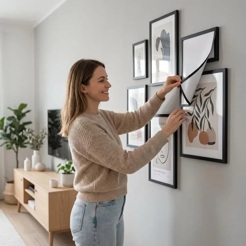A woman is displaying a set of five black photo frames with white and natural-toned artwork on a white wall.