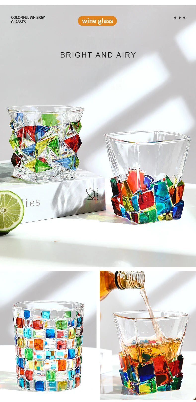 A collection of colorful faceted crystal whiskey glasses showcasing various geometric patterns and vibrant colors.