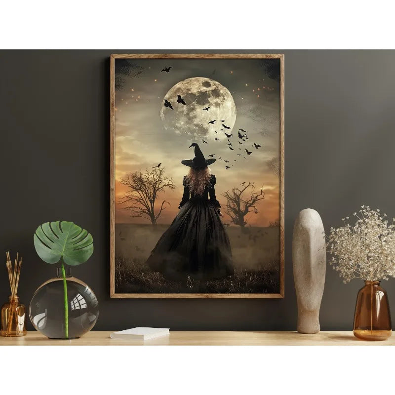Canvas wall art depicting a dark witch silhouette against a full moon and forest landscape.