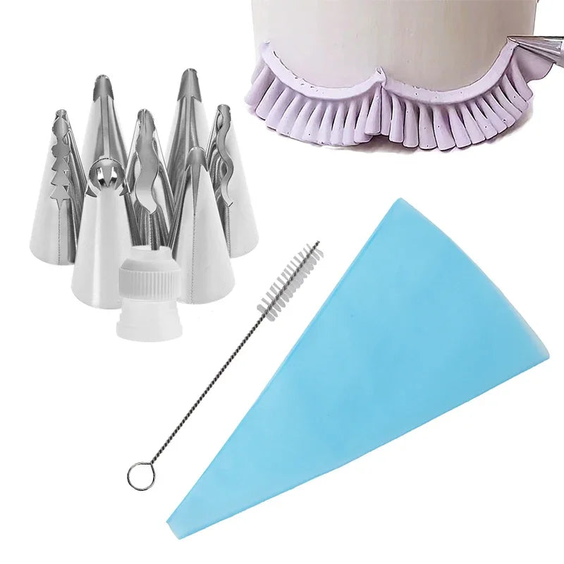 A set of silver and white Russian piping tips for cake decorating, including various shapes and a blue piping tip.
