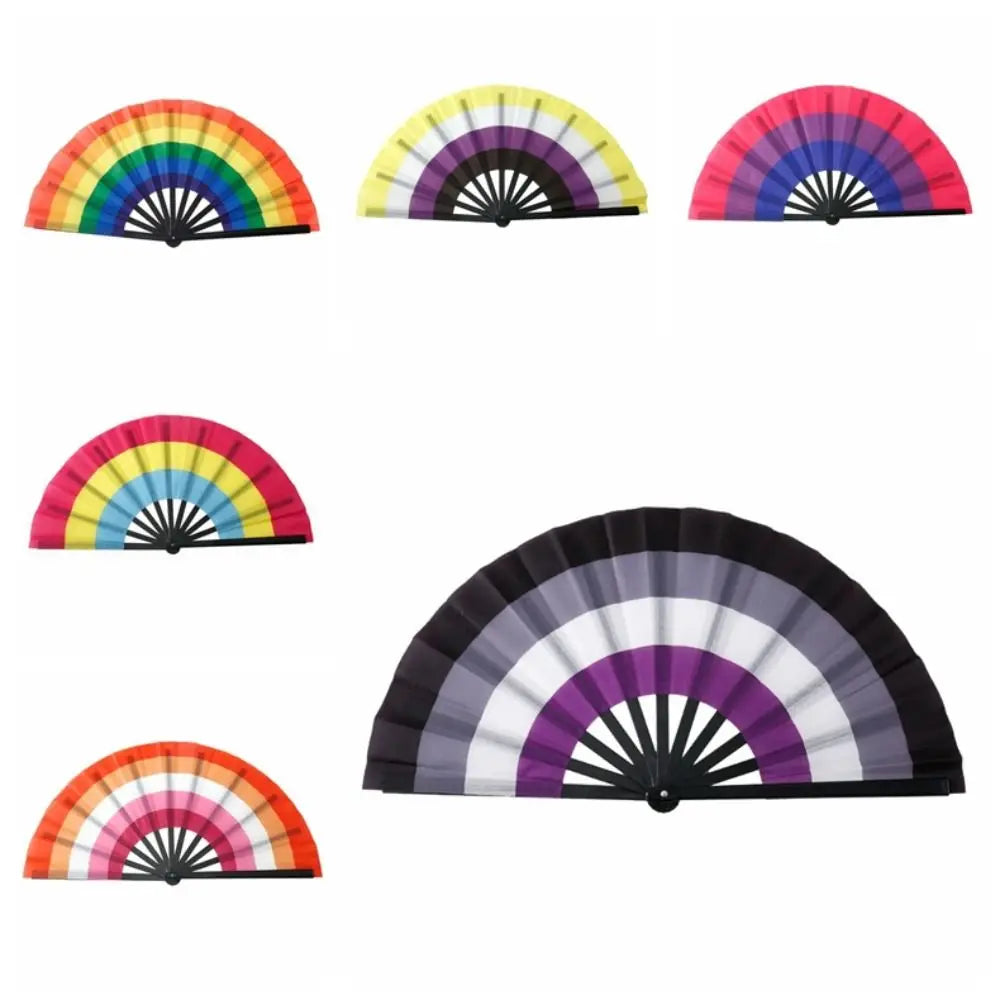 A collection of colorful folding hand fans in rainbow and striped patterns.