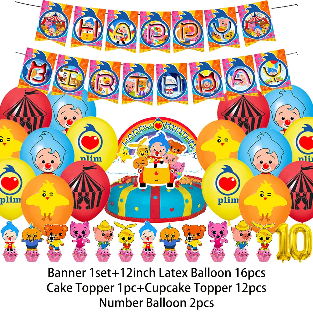 A banner featuring cartoon animals and balloons, including cake toppers and number balloons.