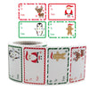 A roll of Christmas gift tags and stickers featuring Santa, penguins, and reindeer designs on a white background.