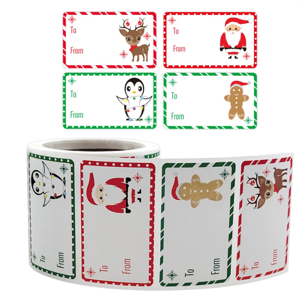 A roll of Christmas gift tags and stickers featuring Santa, penguins, and reindeer designs on a white background.