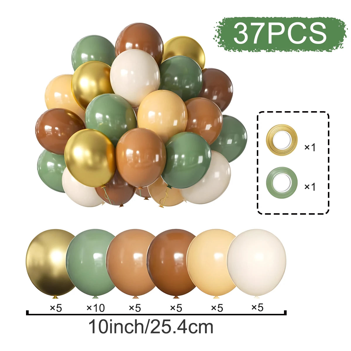 A kit of 37 metallic pearl balloons in various shades of gold, bronze, and green, including confetti accents.
