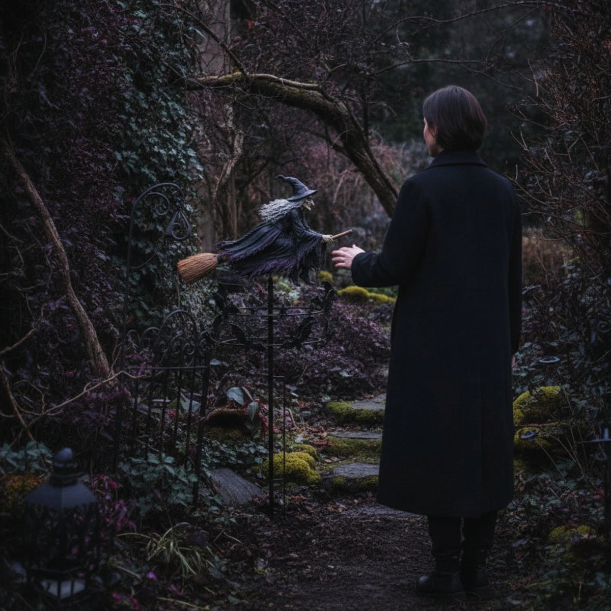 A person in a dark coat stands in a garden path, holding a decorative wind spinner made of dark feathers.