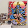 Vibrant spiritual wall art featuring a depiction of Maa Kali with blue skin and multiple arms against a sunset background.