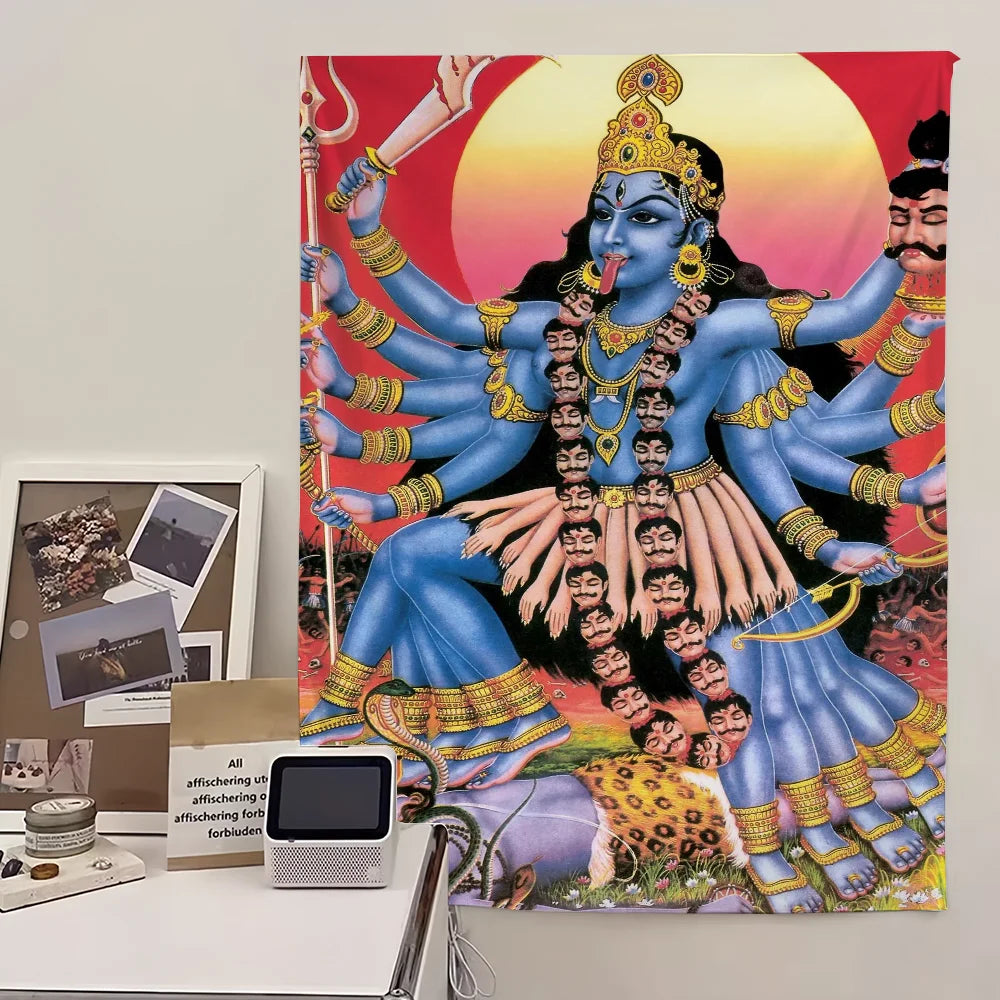 Vibrant spiritual wall art featuring a depiction of Maa Kali with blue skin and multiple arms against a sunset background.