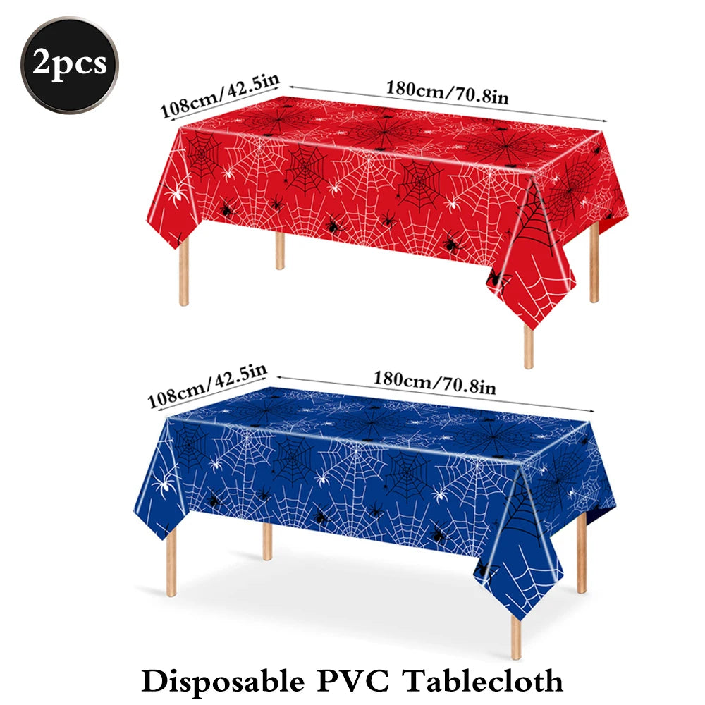 Disposable PVC tablecloths in red and blue featuring spider web designs for parties
