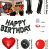 A set of red and black foil number balloons, heart-shaped balloons, and round balloons for birthday decorations.