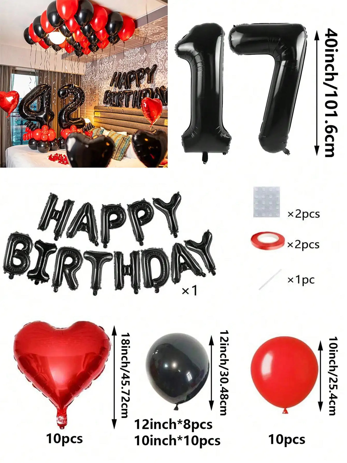 A set of red and black foil number balloons, heart-shaped balloons, and round balloons for birthday decorations.