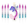 A set of gradient sparkle number birthday candles forming the number 3, featuring purple and blue hues.