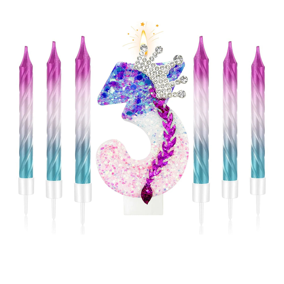 A set of gradient sparkle number birthday candles forming the number 3, featuring purple and blue hues.