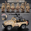 A set of six military figures and a turret-free off-road jeep building blocks.