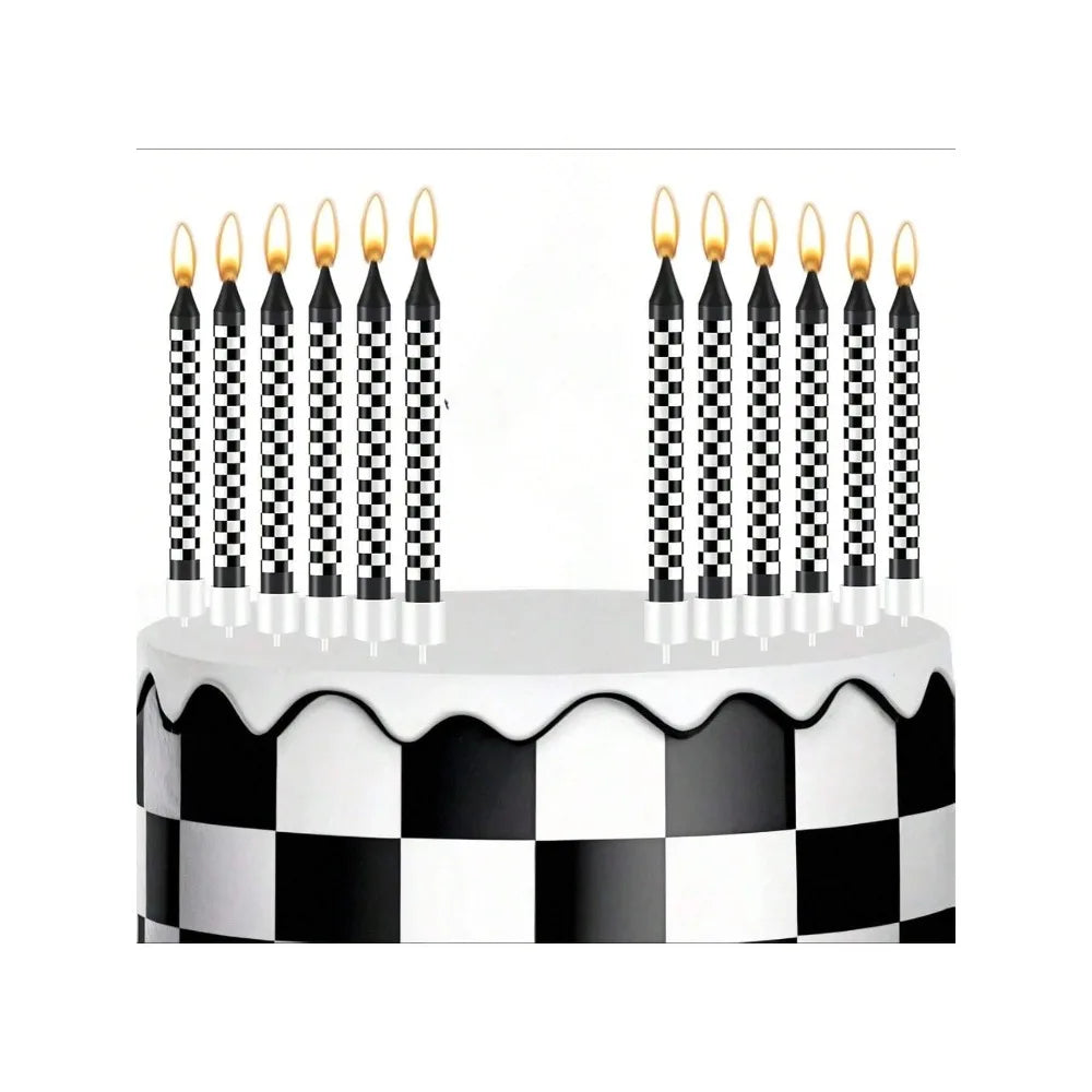 A white cake decorated with black and white checkered frosting and topped with numerous candles and star toppers.