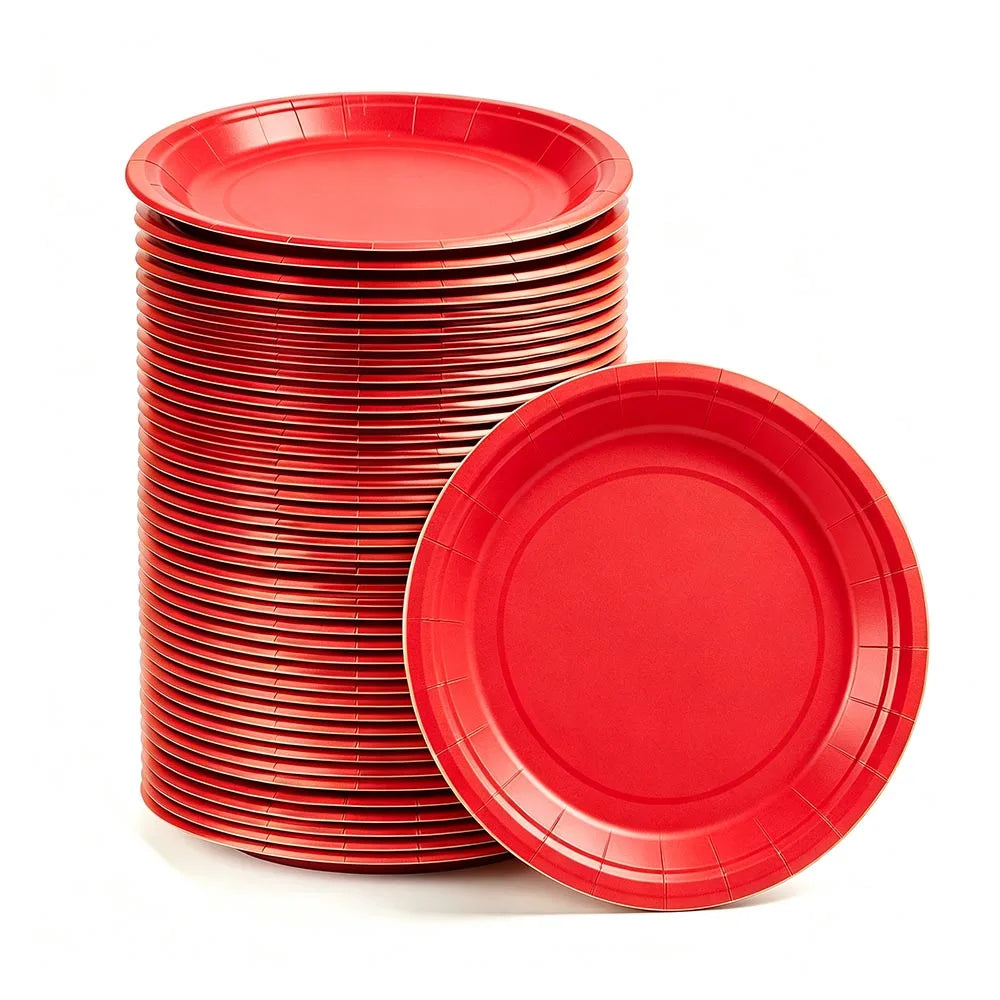 A stack of bright red disposable paper plates.