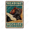 Décor mural vintage en métal représentant un chat noir lisant un livre intitulé Reading Because Murder Is Wrong