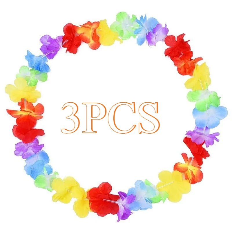 A circular lei necklace made of colorful flowers, including red, yellow, blue, and purple petals.