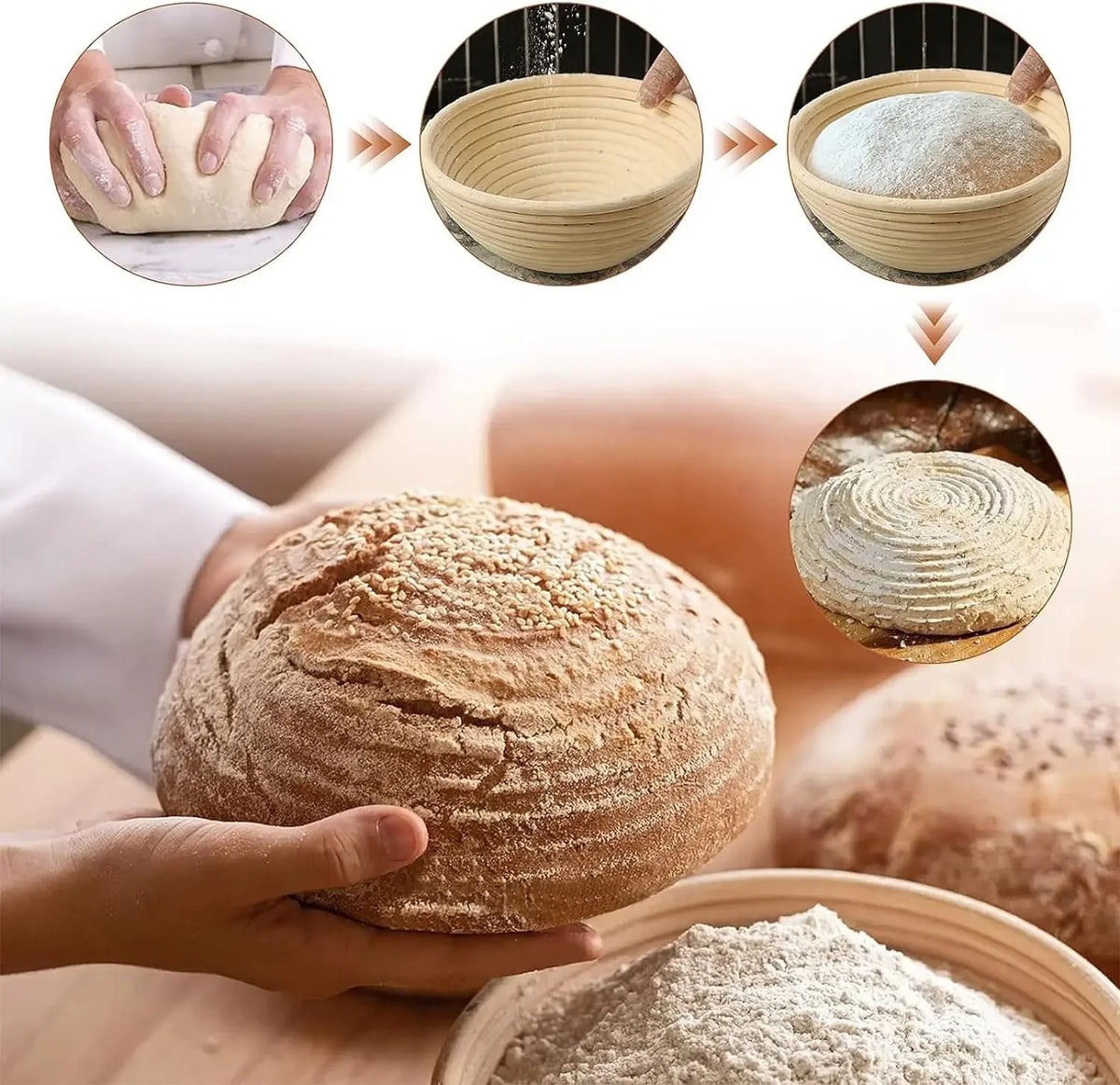 Manos preparan pan de masa madre artesanal usando una cesta de mimbre para fermentar y harina.