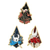 A set of enamel pins featuring cartoon cat designs with rude middle finger and daisy flower motifs.