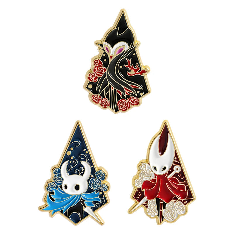 A set of enamel pins featuring cartoon cat designs with rude middle finger and daisy flower motifs.