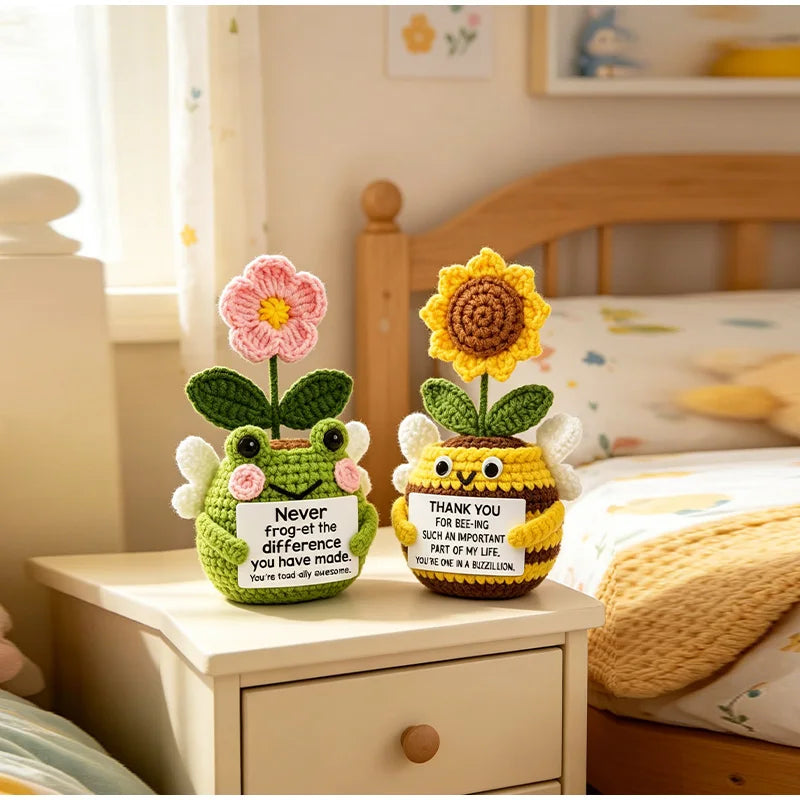 Hand crocheted sunflower bee potted ornaments with green leaves and yellow body