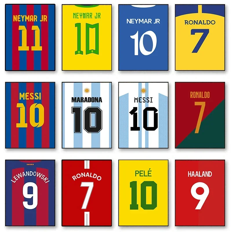 A collection of football legend posters featuring players like Neymar, Ronaldo, Messi, Maradona, Lewandowski, and Pelé.