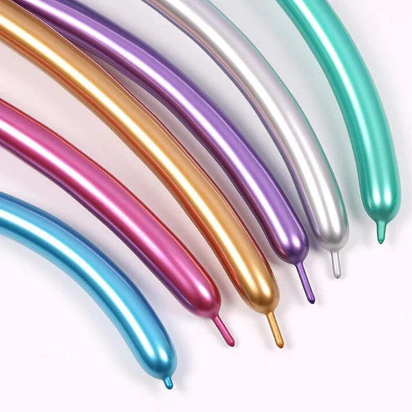 A collection of glossy latex modeling balloons in various shades including purple, pink, gold, and teal.
