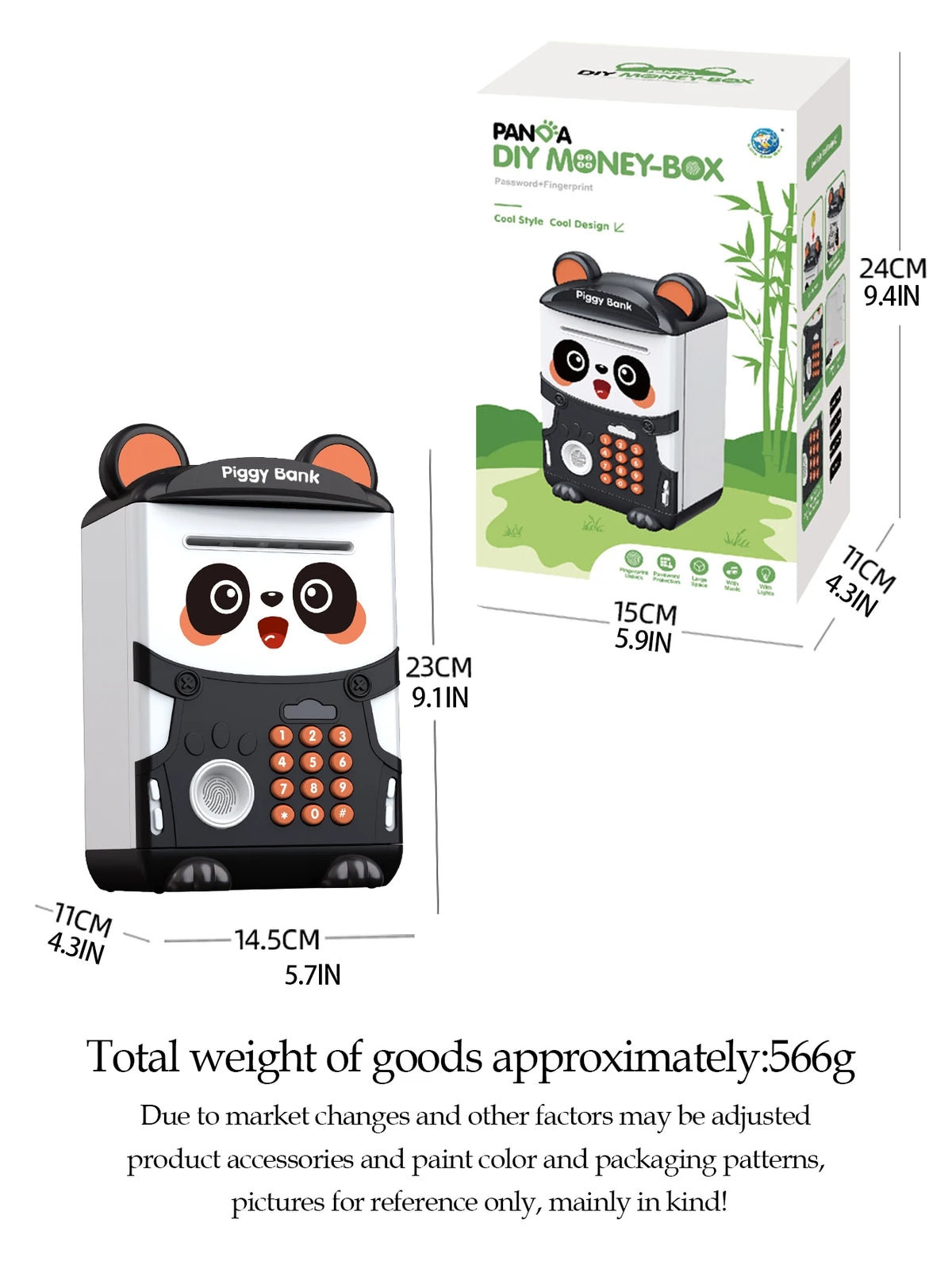 A black and white automatic piggy bank with a fingerprint lock is shown next to its packaging box.