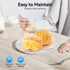 Silver embossed charger plates set of 100 shown on a wooden table with a hand demonstrating easy cleaning.