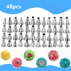 A set of 48 stainless steel piping nozzles for cake and cookie decorating, including various tips and shapes.