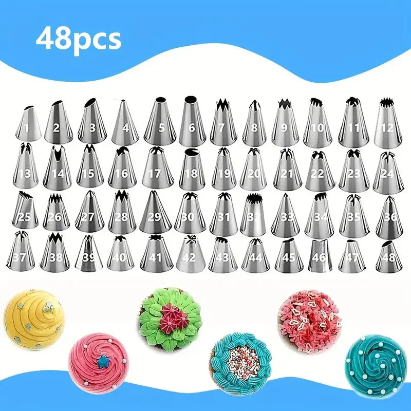 A set of 48 stainless steel piping nozzles for cake and cookie decorating, including various tips and shapes.
