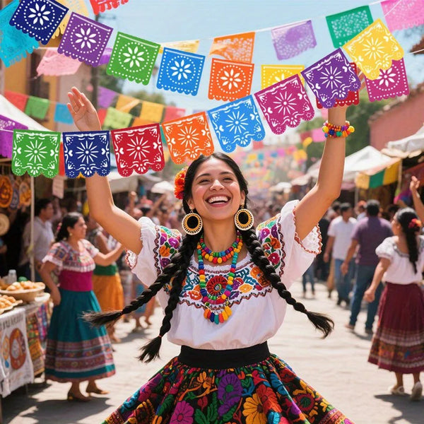A joyful woman in traditional attire holds up a colorful felt papel picado banner decoration above her head.