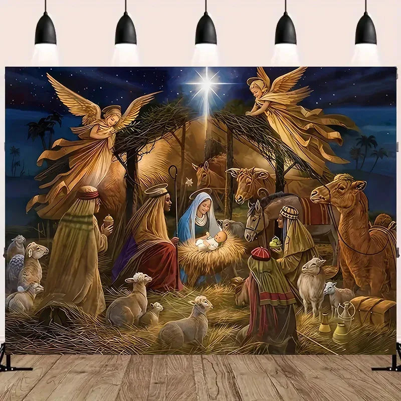 A painting depicting a nativity scene with angels, shepherds, and animals in a rustic setting.