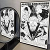 A vertical poster featuring various characters from Jujutsu Kaisen in a geometric design.