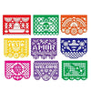 A set of nine decorative felt flags featuring various patterns and colors for party decorations