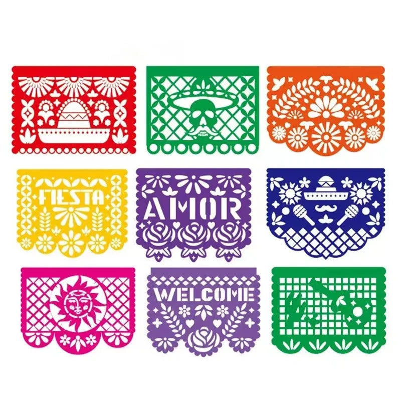 A set of nine decorative felt flags featuring various patterns and colors for party decorations