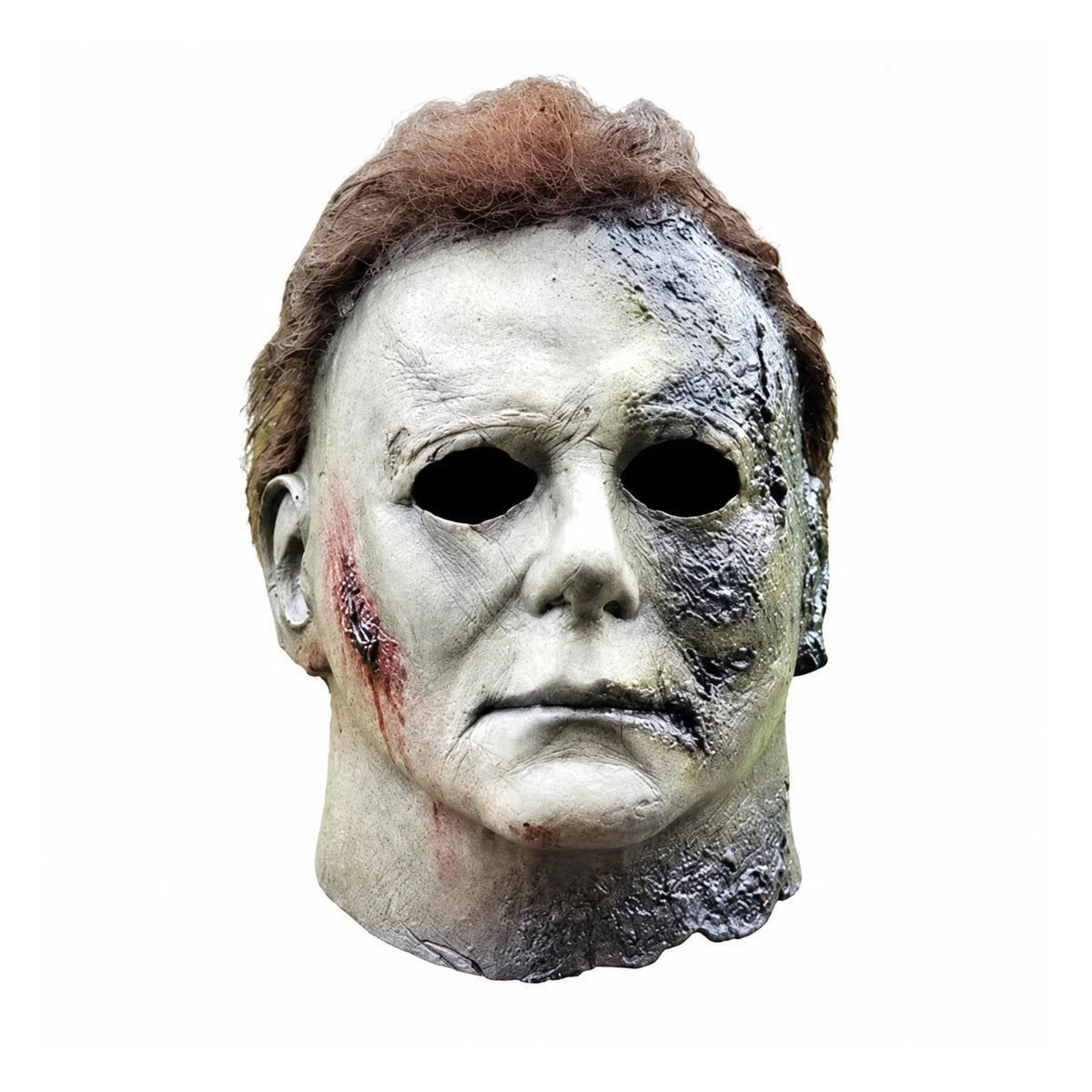 A realistic latex mask of Michael Myers featuring a pale face and bloody scar details.