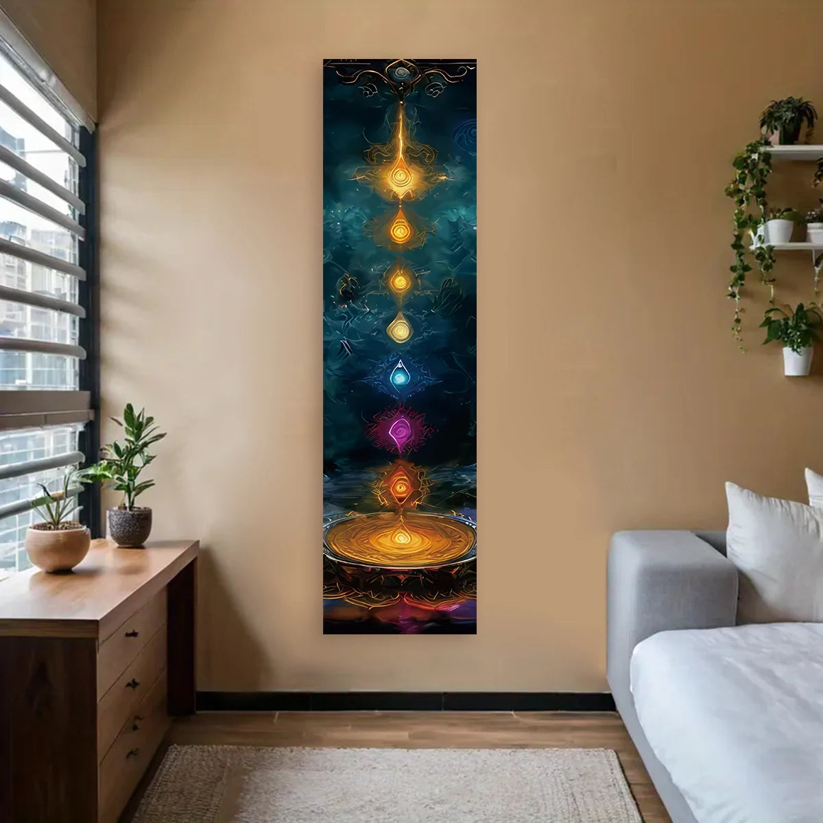 A vertical tapestry featuring a gradient of blue and gold chakras for spiritual decor