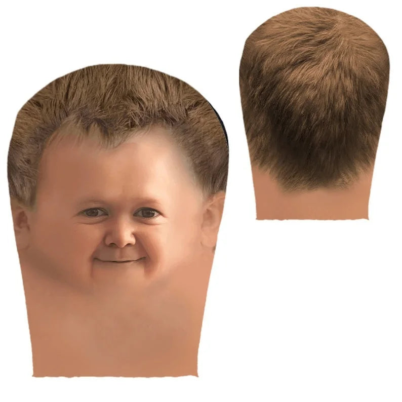 A realistic rendering of a double-sided full face balaclava mask in a light brown color.